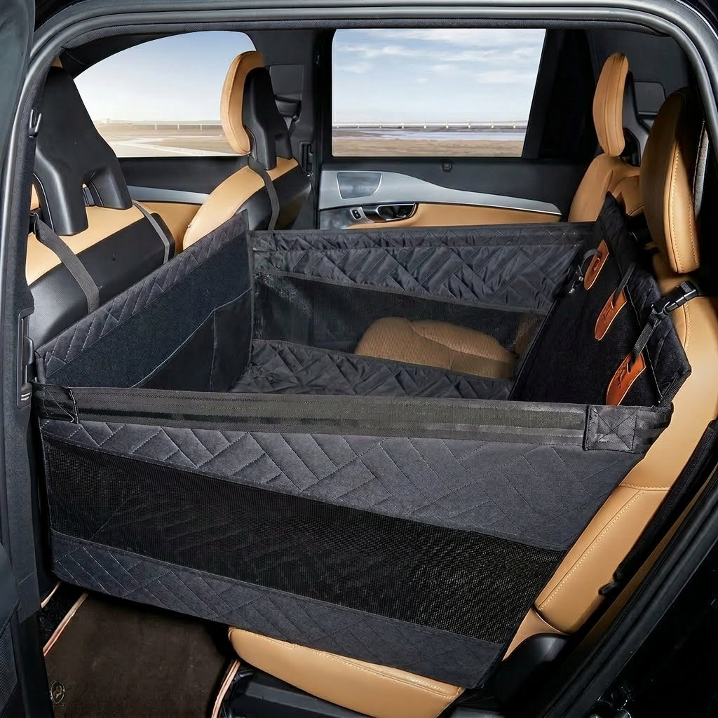 Nordic Cloud waterproof travel bed and seat protector installed in a car back seat, showing comfort and protection.