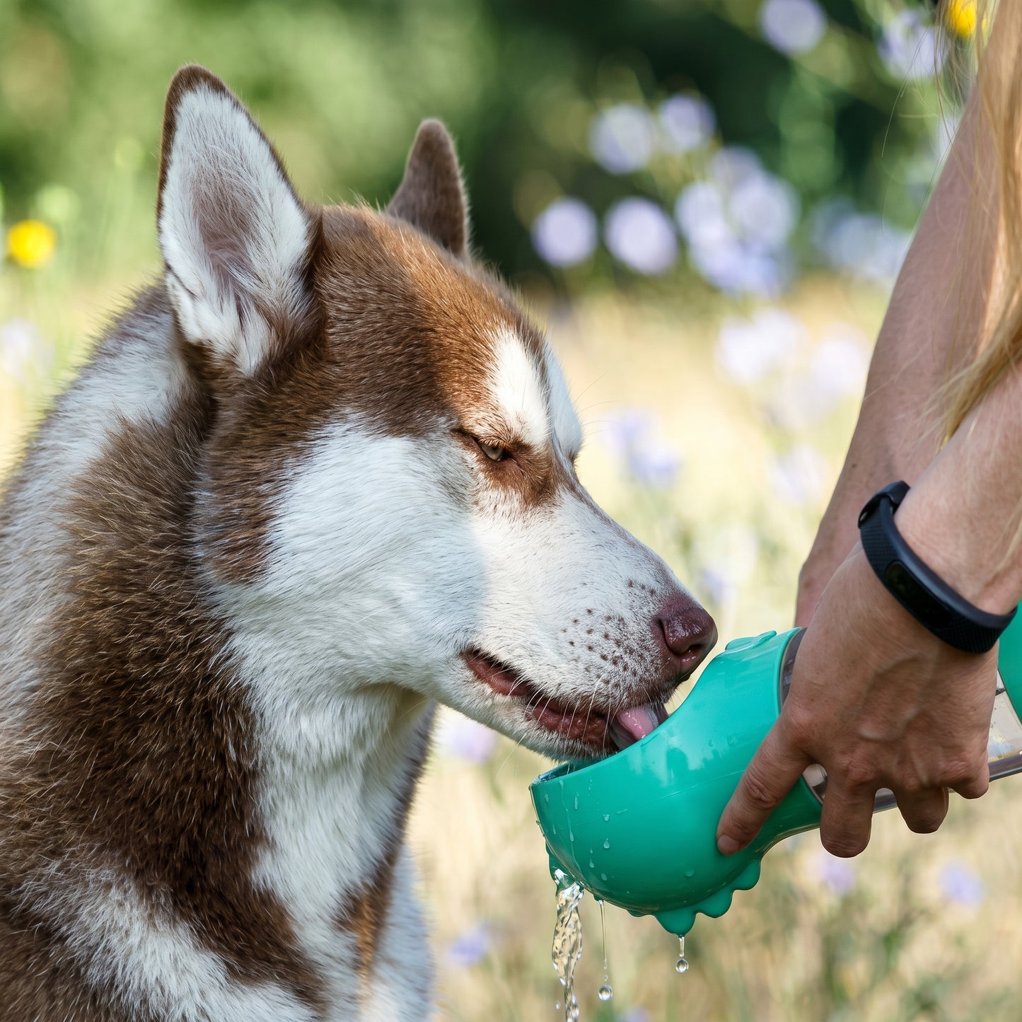 Dog drinking water from a green Nordic Hydration 3-in-1 portable adventure bottle.