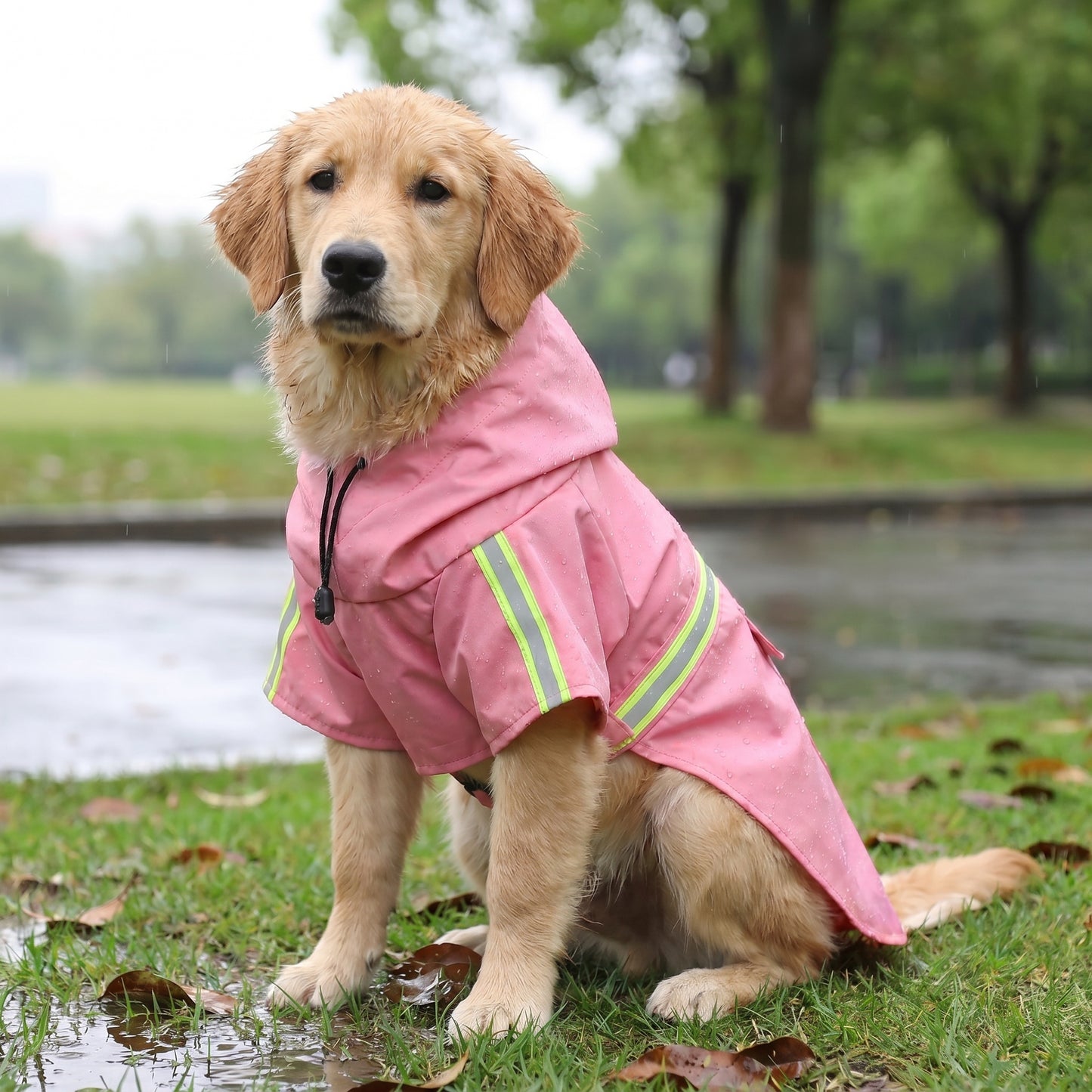 Golden Retriever wearing a pink waterproof dog raincoat with reflective strips, sitting comfortably on a grassy path.