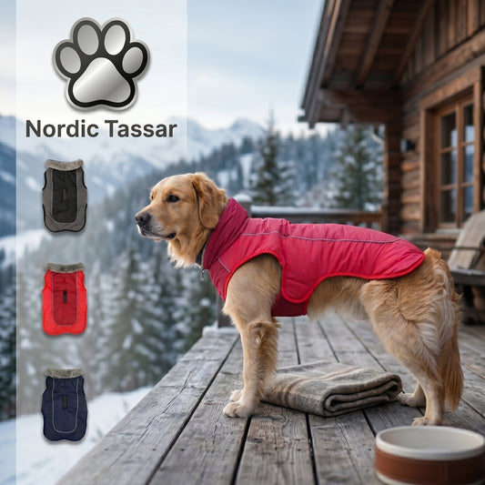Golden Retriever wearing a vibrant red winter dog jacket, standing on a deck with a snowy mountain background.