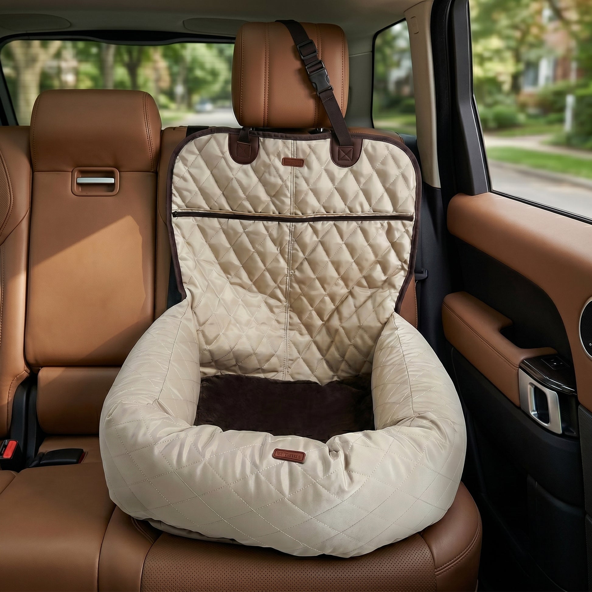 Nordic Throne Luxury Car Pet Suite in beige, featuring a quilted design and protective side walls for comfortable car travel.