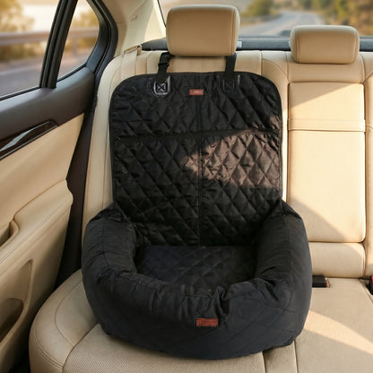 Grey Nordic Throne Luxury Car Pet Suite installed in a car backseat.